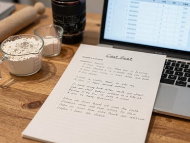 Close-up of a handwritten recipe card next to a laptop screen showing cost breakdown numbers, bakery flour and measuring cups on a wooden counter, overhead shop lighting