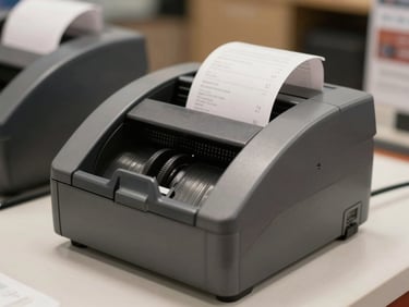 Close-up of a thermal fiscal receipt printer on a retail counter, neutral background, overhead shop lighting, no people