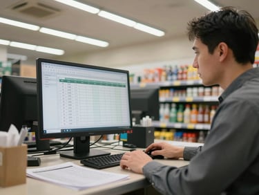 Environmental wide shot of a small supermarket back office, a manager reviewing a time-attendance report on a desktop monitor, printed schedule sheets on the desk, overhead office fluorescent lighting, no faces visible