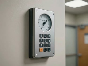 Wall-mounted time clock device with numeric keypad in a small office hallway, neutral wall background, overhead fluorescent lighting, no people