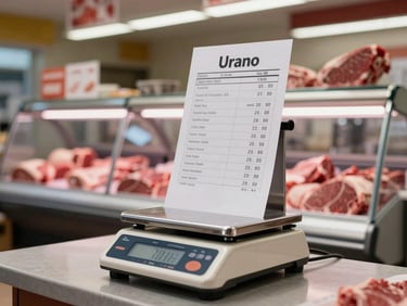 Urano digital scale on a butcher shop counter displaying a price label printout, meat cuts in background under refrigerated glass display, overhead fluorescent shop lighting
