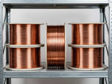 Straight-on industrial product photography of heavy-gauge copper wire spools stacked on steel warehouse shelves, bright clean studio lighting.