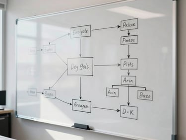 A clean whiteboard covered in structured flowcharts and organizational diagrams, sharp focus, bright office daylight.