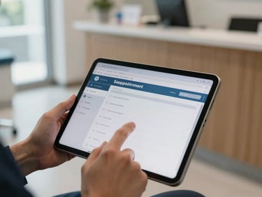 Close-up of hands on a tablet screen showing a dental appointment scheduling interface, clinic reception counter in soft background, natural daylight through a window to the left, no posed subjects