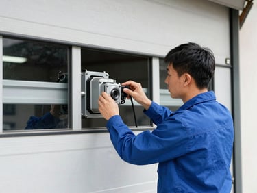 Medium shot of a technician inspecting a large commercial garage door mechanism, clean uniform, focused work