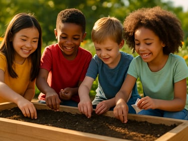 A group of diverse elementary school children planting seeds in a raised wooden garden bed, bright midday sun, joyful expressions