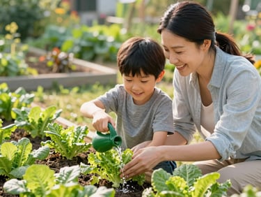 A mother and young son smiling while watering green leafy vegetables together in a dapple-lit garden patch, warm atmosphere