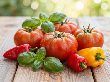 Fresh heirloom tomatoes, vibrant basil, and colorful peppers arranged beautifully on a rustic wooden table, soft depth of field