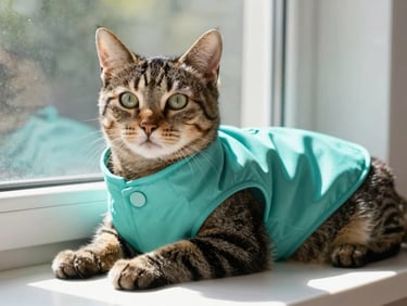 Calm tabby cat lounging near a sunny window wearing a soft teal collar and matching lightweight vest, cozy atmosphere