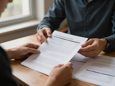 Medium shot of two people at a table reviewing printed program evaluation documents together, natural window light from the left side, hands visible on the table with papers and a pen, warm interior setting, collaborative working atmosphere, no posed expressions