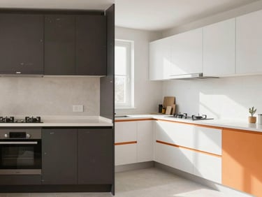 Side-by-side comparison of a kitchen renovation, left side showing outdated dark cabinets, right side showing bright modern minimalist kitchen with white countertops and orange accents, bright daylight, 35mm