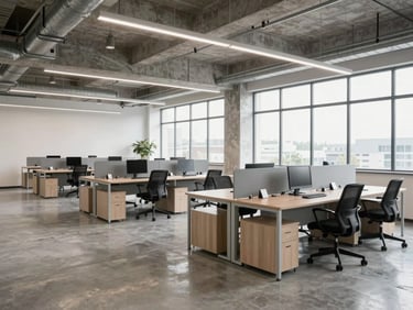 Modern open-plan office space with industrial-lite design, polished concrete floors, exposed ceiling pipes, comfortable workstations, bright daylight, 35mm