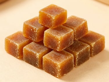 Close-up of perfectly cut golden jaggery cubes stacked neatly on a warm sand beige surface