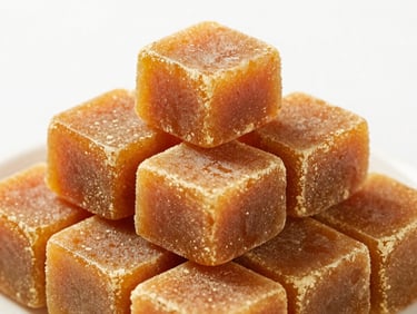 Perfectly cut golden jaggery cubes stacked in a geometric pattern, clean studio lighting.