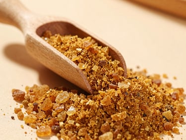 Fine golden jaggery powder cascading from a wooden scoop, highlighting its dry, crystalline texture.