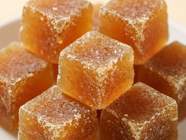 Macro shot of rich textured golden-amber jaggery blocks, crisp lighting highlighting the crystalline structure