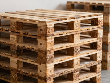 Close-up of neatly stacked export-ready pallets inside a clean, modern warehouse, soft warm lighting