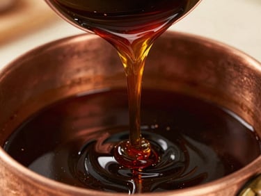 Thick, dark molasses pouring smoothly from a copper vessel, capturing its viscous, glossy texture.