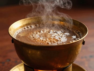 Close-up of a bubbling chai in a traditional brass pot on a low flame, steam rising, warm tones