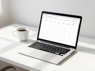 A clean modern desk setup with a laptop showing a clean calendar, a coffee cup, and natural light streaming in, 35mm