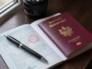 Close-up overhead view of an open passport on a desk beside a stamped Hajj visa form, natural window light from the left, pen resting across the page corner