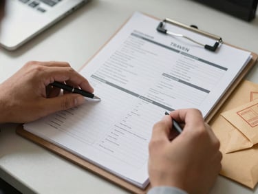 Hands carefully reviewing a printed travel itinerary checklist on a clipboard, overhead practical office lighting, a stamped envelope visible at the edge of the desk