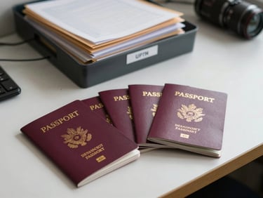 Orderly desk with a group of passports fanned open, a filing tray with labeled document folders behind, overhead practical lighting, no people