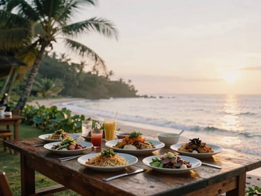 Artfully arranged local coastal cuisine on a rustic wooden table overlooking the ocean at sunset, low-angle golden hour light, 35mm film.