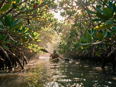 Kayaker paddling through a narrow mangrove tunnel, dappled sunlight filtering through the canopy, misty morning haze, intimate close-up, 35mm film.