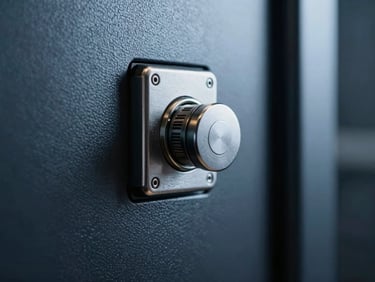 Extreme close-up of a high-security server physical key lock and brushed steel chassis, low-key lighting
