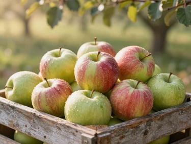 Vibrant freshly picked heritage apples in a weathered wooden crate, soft morning sunlight filtering through orchard leaves, shallow depth of field, warm organic tones.