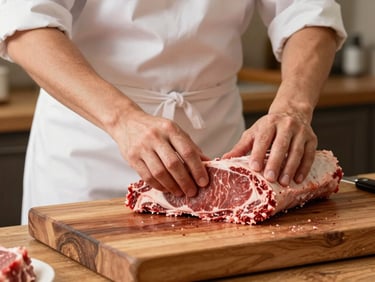 A professional butcher gently preparing a premium cut of beef on a thick wooden block, clean apron, warm ambient lighting.