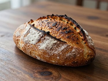Freshly baked rustic sourdough bread with a beautifully blistered dark crust, lightly dusted with flour, resting on a dark wooden table, warm ambient light.