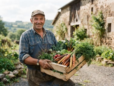 Warm daylight shot of a local Auvergne farmer holding a wooden crate overflowing with freshly harvested heirloom carrots and green vegetables, historic stone barn in the soft-focus background, 35mm editorial photography.