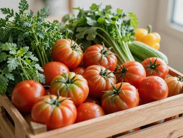 Vibrant wooden crates filled with fresh heirloom tomatoes, crisp green herbs, and seasonal vegetables, soft natural morning daylight.
