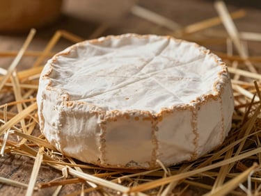Close-up of a rustic wheel of Saint-Nectaire cheese resting on natural straw in a traditional cellar, warm golden sidelight, rich textures, 35mm food photography.