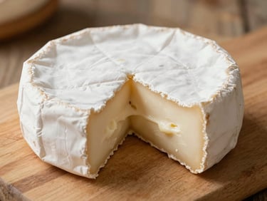 Close-up of a wheel of Saint-Nectaire cheese cut open on a wooden board, creamy texture, rustic cellar background, warm daylight.