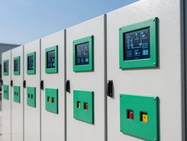 Close-up of a clean industrial control panel with illuminated schematics, crisp daylight, emerald green accents, high-contrast, professional corporate aesthetic