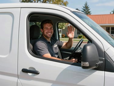 A Prime Canby AC Repair technician smiling and waving from the driver's seat of a service van, parked on a sunny Canby street. Bright natural daylight, authentic editorial photography.