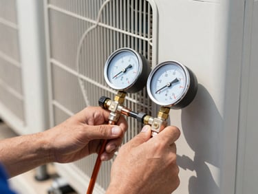Close-up of a technician's hands using a pressure gauge on an AC unit's copper pipe, showing clear readings. Bright natural daylight, crisp details, cool metallic and warm orange tones.