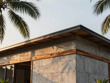 Close-up architectural shot of a single-story modern industrial house, raw concrete and teak wood accents, soft morning light