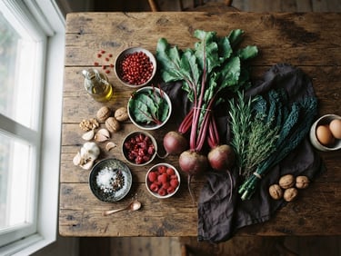 Overhead flat-lay of raw ingredients on a rustic wooden table, soft natural window light, muted forest green and rich carmine tones, 35mm photography