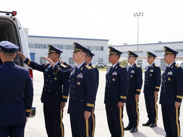 Military personnel in uniform near a vehicle being loaded onto a carrier, professional and respectful, bright daylight, military base in background, professional editorial commercial photography.