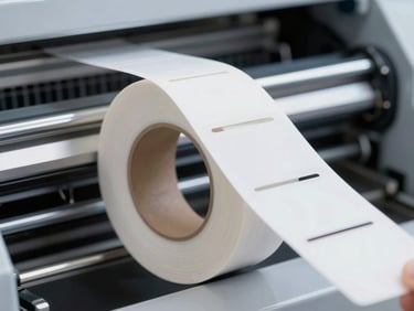 Macro photographic shot of a pristine roll of die-cut adhesive labels on a modern printing press, sharp focus on the clean edge of a label, cool industrial daylighting