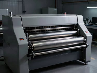 Wide panoramic view of a high-tech industrial printing press, clean environment, dramatic side lighting highlighting metallic surfaces and cylindrical rollers, no people.