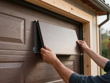 Close-up of hands aligning a new sectional garage door panel in a timber-framed opening, morning light from outside, track hardware visible at the side