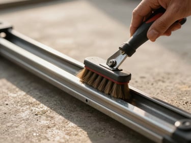 Technician's hand applying lubricant to a garage door roller track with a brush, close detail of the metal rollers and track channel under warm morning light