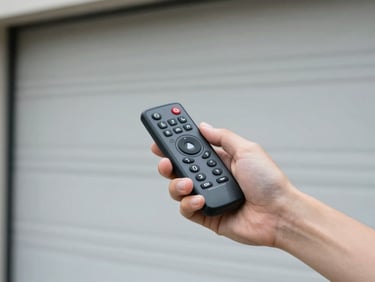 Hand holding a garage door remote control against the background of a roller door, soft diffused daylight, fingers pressing the button
