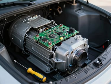 Interior of a garage door motor unit with cover removed, circuit board and drive mechanism visible, lit by clear overhead daylight, a screwdriver resting on the housing edge