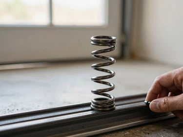 Close-up of a torsion spring coiled tightly above a garage door track, natural daylight from a nearby window, hands visible at the edge adjusting a tensioning bolt